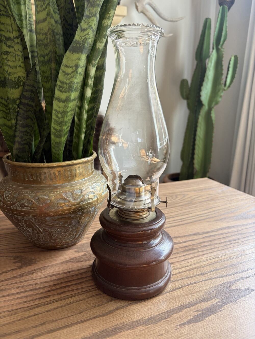 Vintage 1970s Midcentury Solid Wood Oil Lamp with Glass Chimney